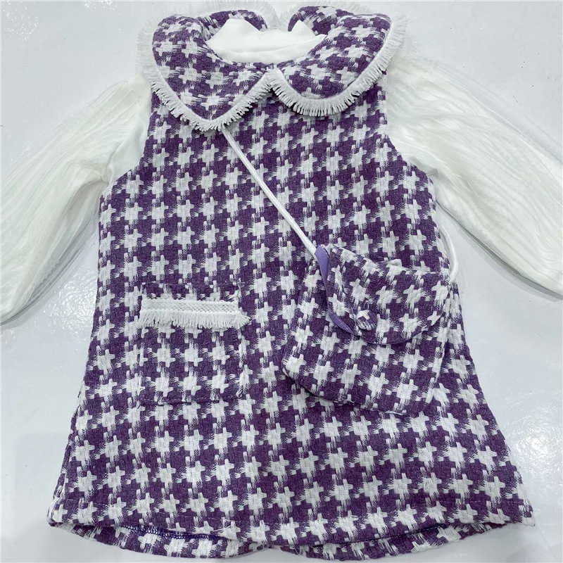 Gros Printemps Bébé Fille 2-pcs Ensembles Chemises À Manches Longues + Violet Plaid Gilet Jupe avec Sac Lady Style Enfant Vêtements E9042 210610