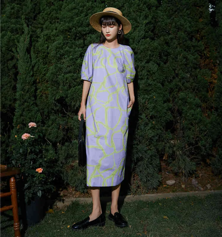 Coton violet droite longue robe mi-longue été manches bouffantes Designer femmes court esthétique coréen 210427