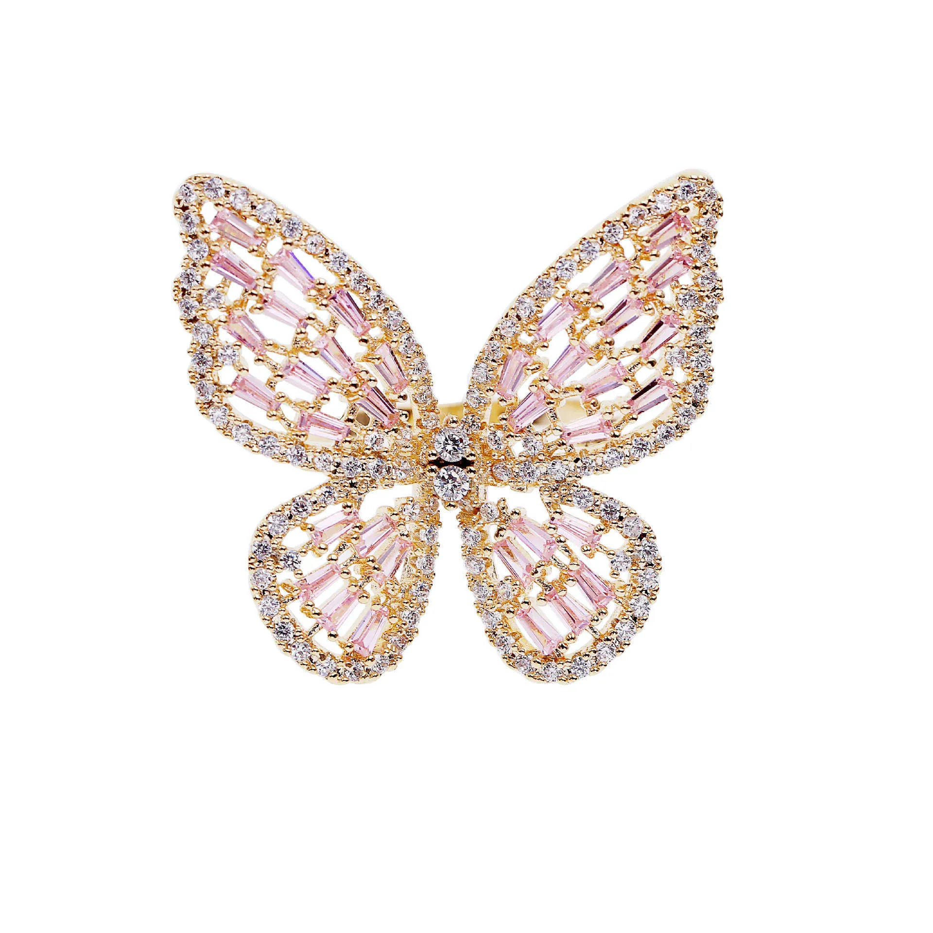 Huami Işık Lüks Ayarlanabilir Kelebek Yüzükleri Kadınlar için oyuk Out Fingel Açık Yüzük Pembe Beyaz Renk Zirkon Jewelry8854034