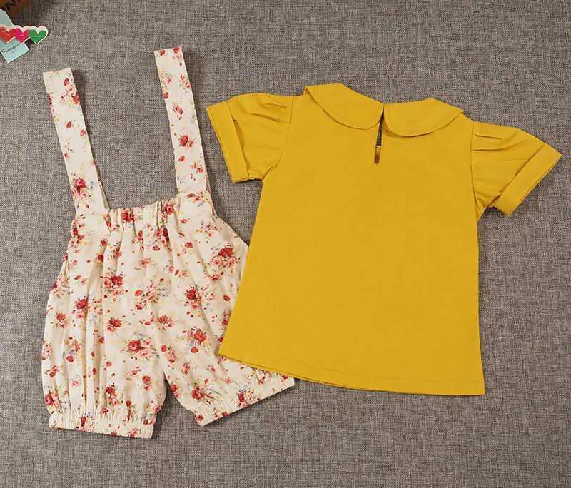 Détail été filles vêtements ensembles à manches courtes moutarde jaune chemise + salopette Shorts Floral enfants tenues enfants vêtements E16208 210610