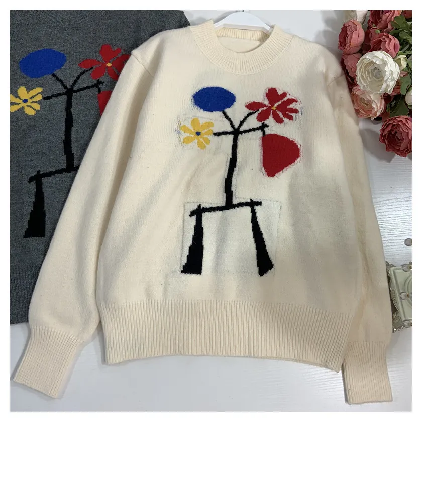 H.SA Oversize-Pullover Winterkleidung Oneck Retro Vintage Floral Jacquard Beige Pullover Pull Jumper 210417