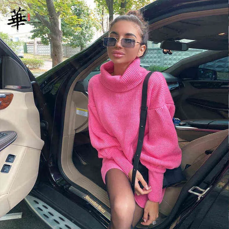 Knitted Sweater Winter Dress Turtleneck Pullover Mini Dress for Women Party Lantern Long Sleeve Dress Women Clothing Femme Robe Y1204