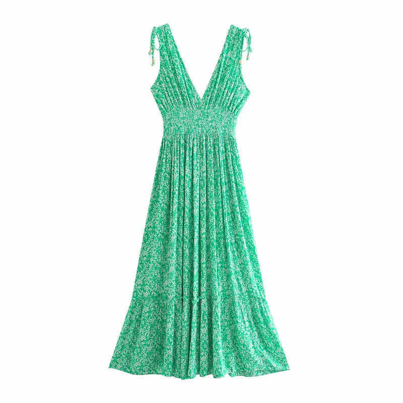 Za Summer Print Long Green Dress Women Sleeveless Backless Sexy Pleated Party Dresses Elastic Waist Woman Ruched Dresses 210602