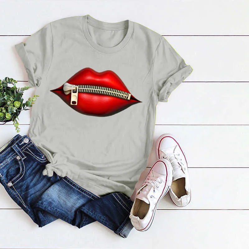 Sommer Frauen Mode Lässig O Neck T-shirts Sommer Top T Tops T-Shirt Zipper Lip Print Kurzarm Casual T-shirt 210716