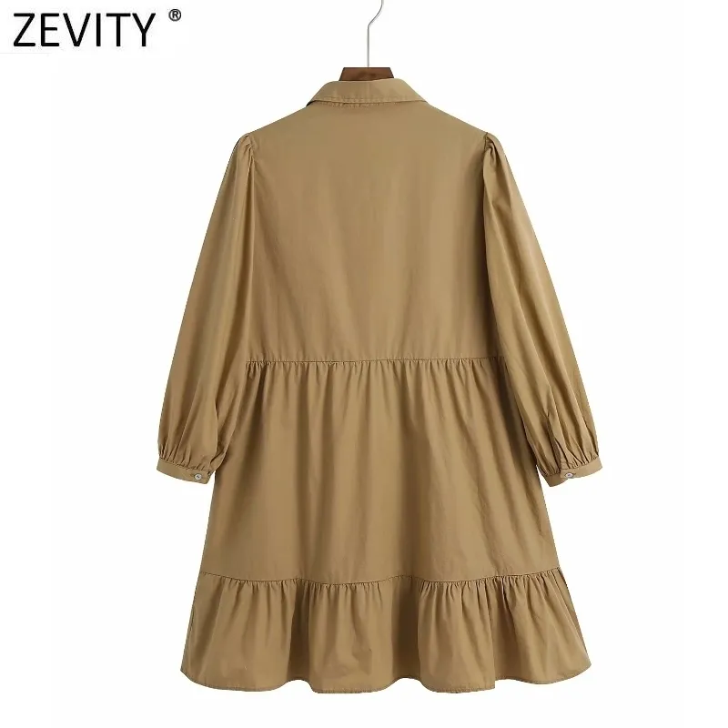 Women Fashion Puff Sleeve Solid Color Breasted Poplin Shirt Dress Chic Office Lady Pleat Ruffles Casual Straight Vestidos DS8243 210420