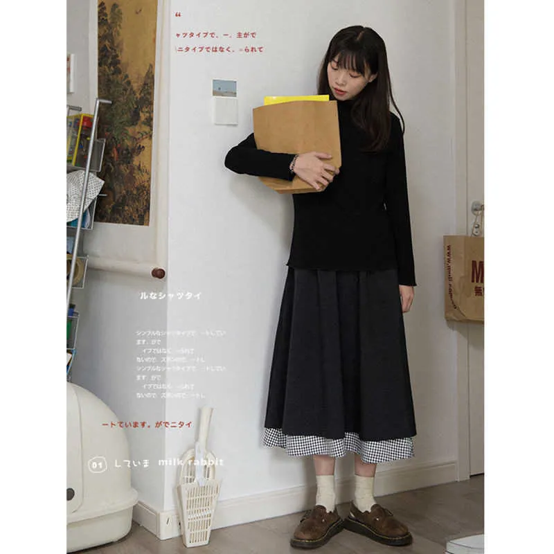 Japoński styl czarny panele panele damskie spódnica o wysokiej talii vintage plisowana spódnica eleganckie marszczenia urocze Kawaii Midi Preppy spódnice 210619
