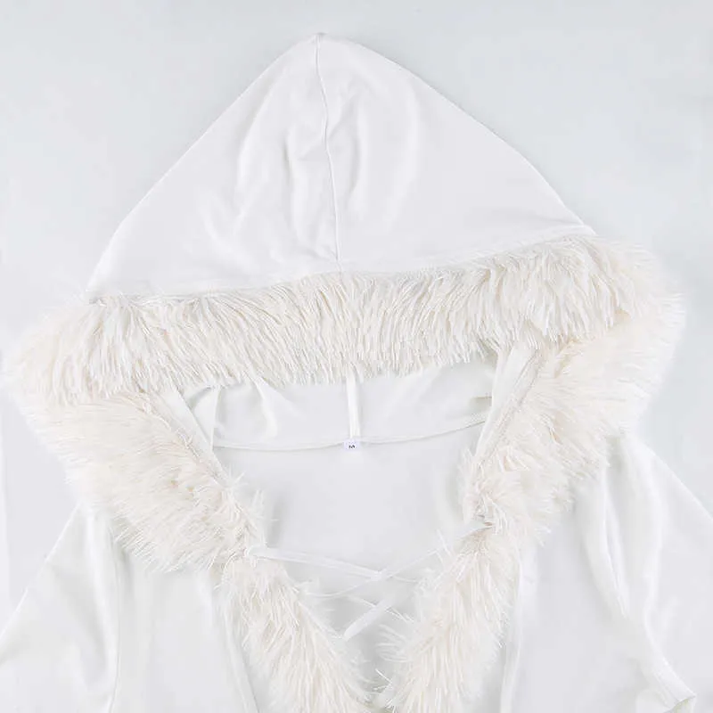 Kürklü Beyaz Bodycon Mini Noel Elbiseler Kadın Sonbahar Uzun Kollu Kapşonlu V Boyun Elbise Skinny Bulanık Parti Streetwear Kış 210709