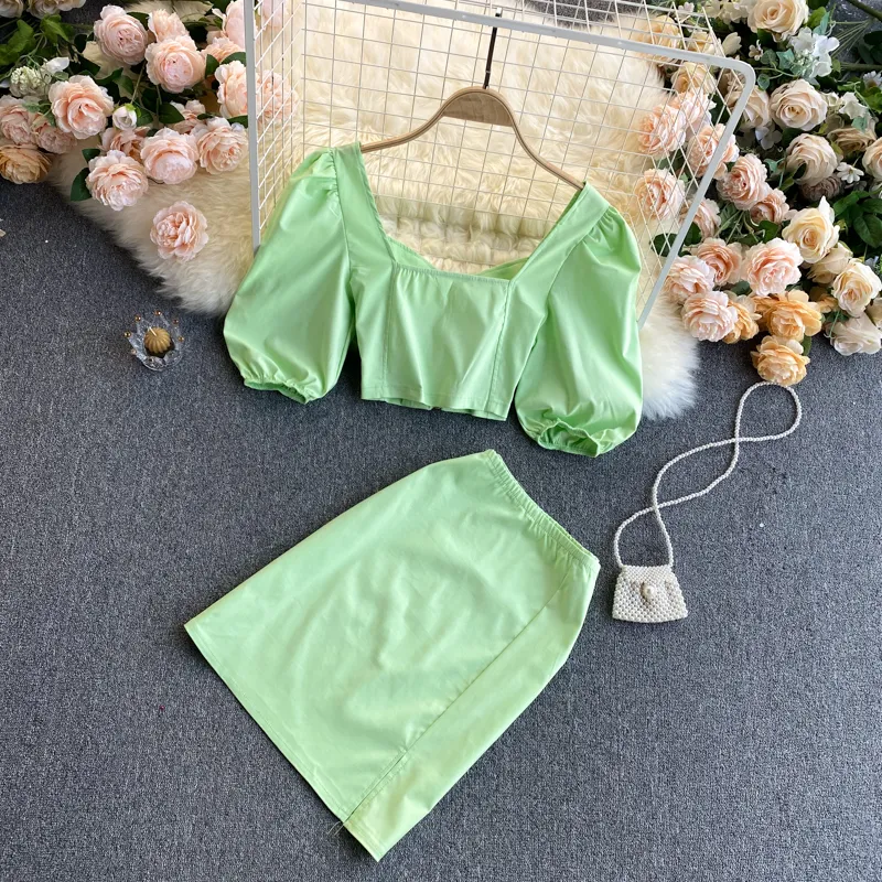 Zomer elegante retro vierkante hals bladerdeeg mouw korte top twee stuk set vrouwen hoge taille slanke tops met rok pak 210420