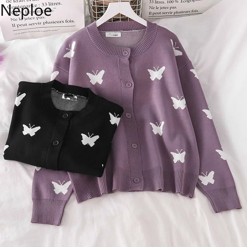 Neploe Sweaters Woman Coat Long Sleeve Knitted Cardigan Fall Women Clothing Print Butterfly Loose O-neck Tops Outwear 1G692 210423