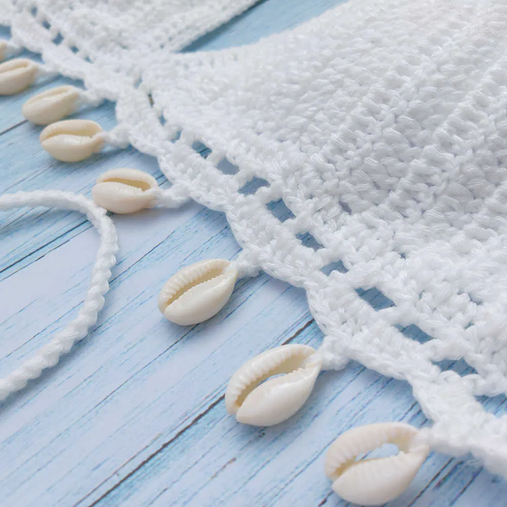 biquíni conjunto mulher crochet shell tassel top e seashell cadeia de tornozelo sexy saia praia saia ver através magro mini 210722