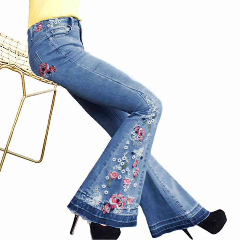 Jeans femmes dame grande botte évasée coupe jambe coupe ample taille haute broderie classique Denim pantalon # T2G 211204