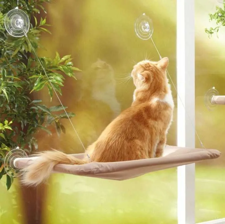 かわいい猫のぶら下げベッド快適な日当たりの良い窓のシートマウントベアリング20kg強い猫ハンモック猫の棚の棚の座席ハンモック210713