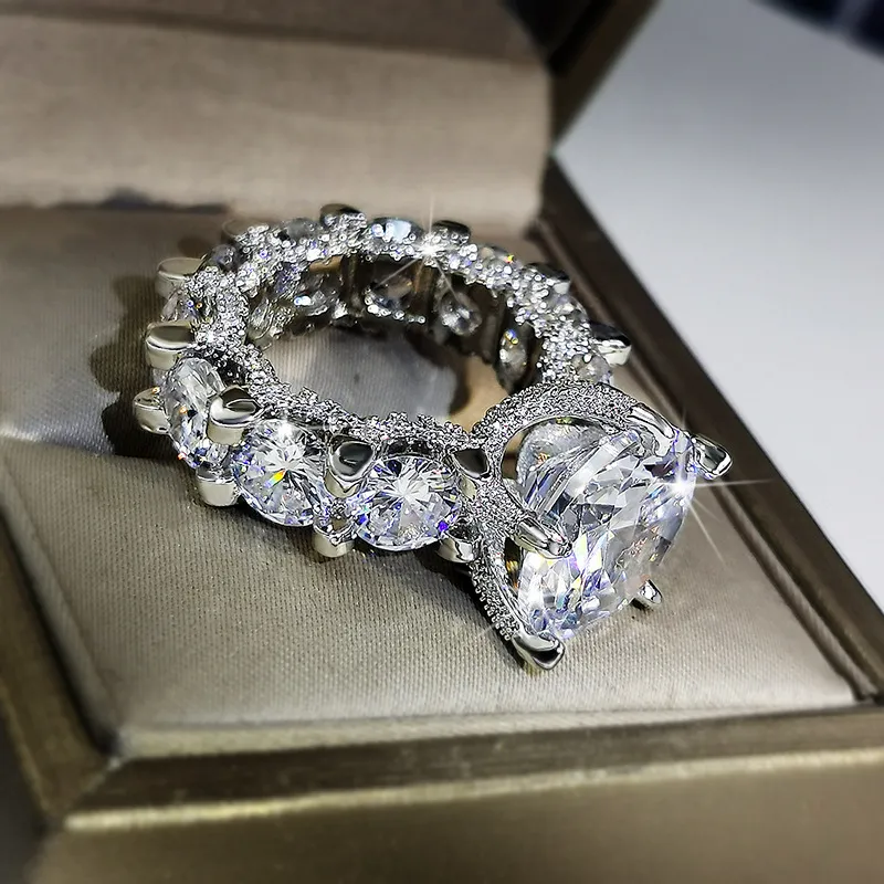 Fonkelende Vintage 925 Sterling Zilveren Ringen Grote Ronde Cut CZ Diiamond Belofte Vrouwen Wedding Bridal Ring217O
