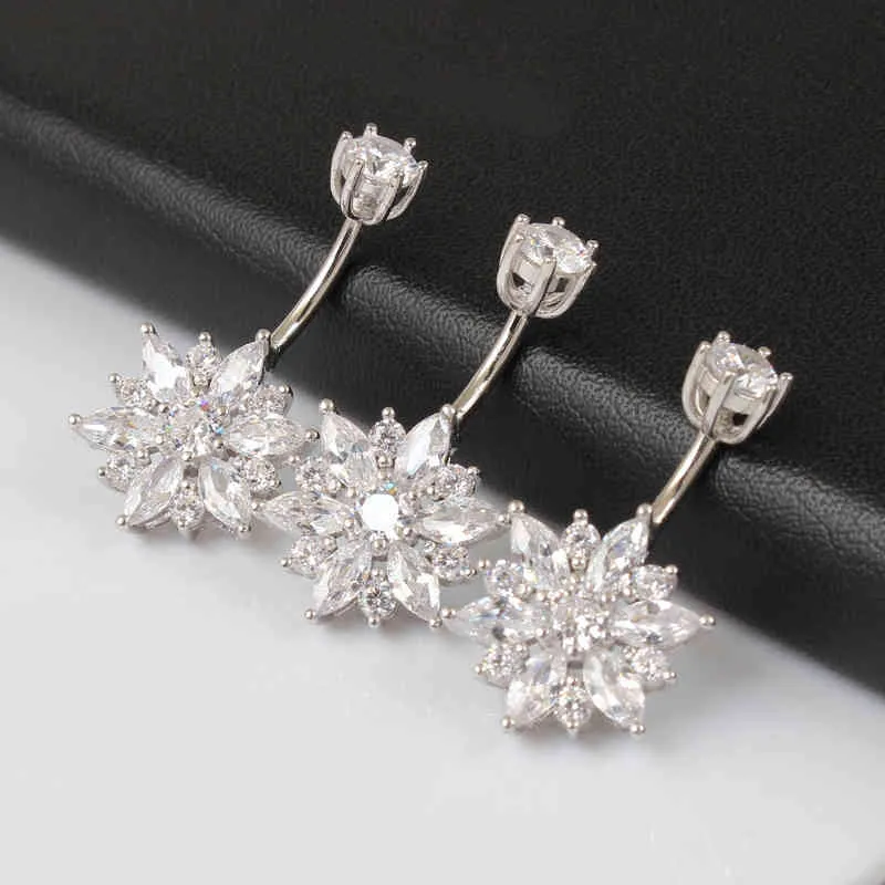 BELLY BUTTAN RING REAL 925 Sterling Women Flower Zircon Clear Stones Jewelry Silver Body Piercing269J