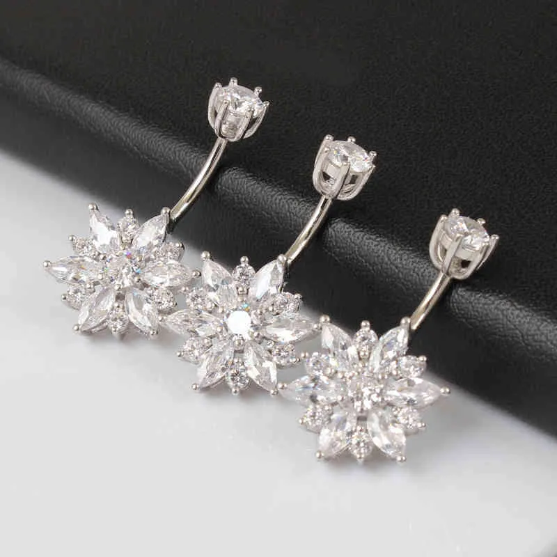 Belly Button Ring Real 925 Sterling Women Flower Zircon Clear Stones Jewelry Pure Silver Body Piercing2520725