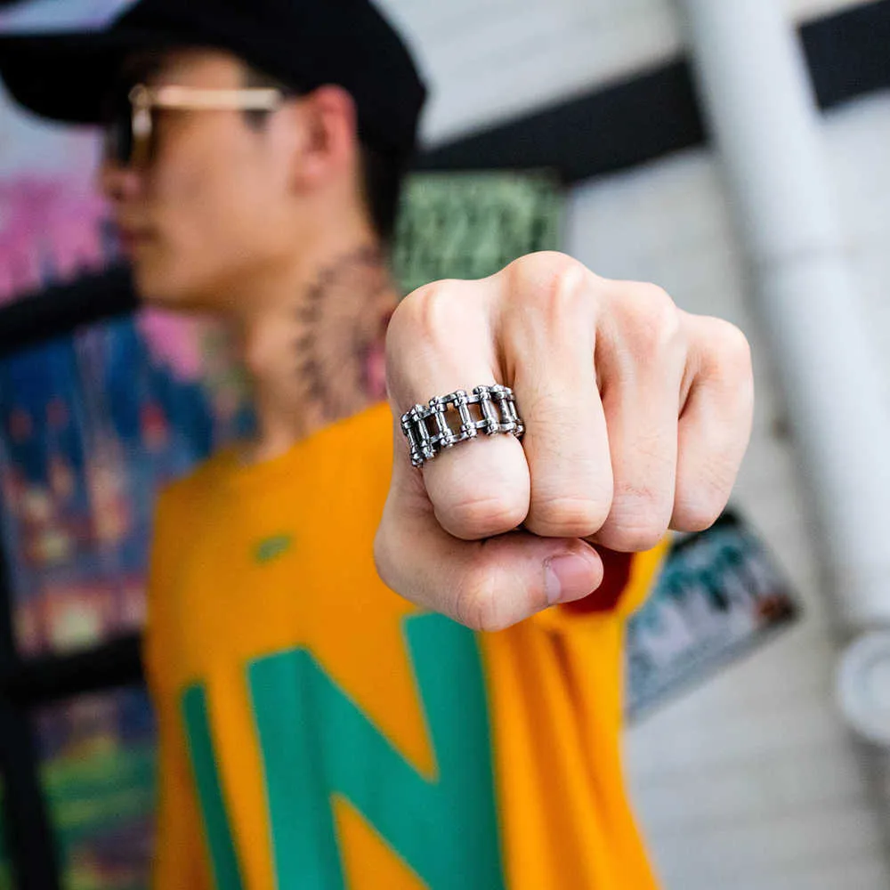 Nibastar cykelkedja ring för män rostfritt stål kreativ punk rock manlig länk ringar trendig motorcykel kedja jewlery x0715