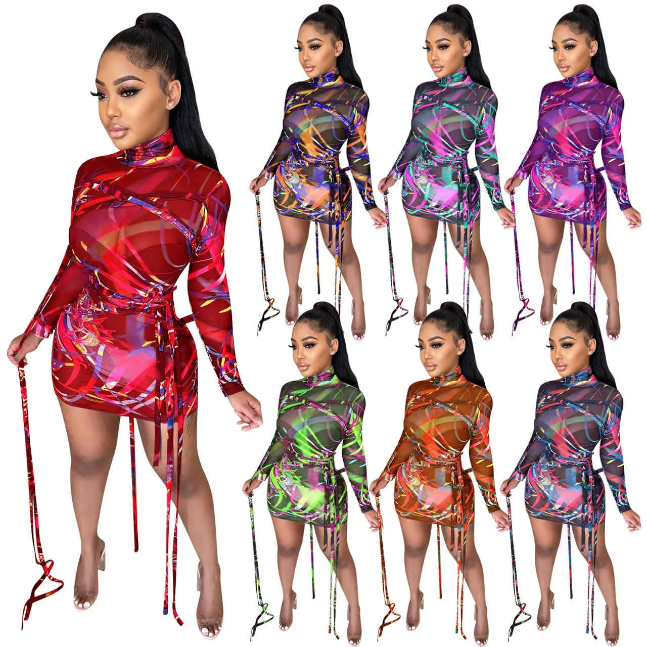 Frauen Mesh Bandage Gedruckt Kleid Sommer Tie Dye Schlank Bodycon Mini Rock Clubwear Vintage Mode Kurze Bleistift Kleider Kleidung