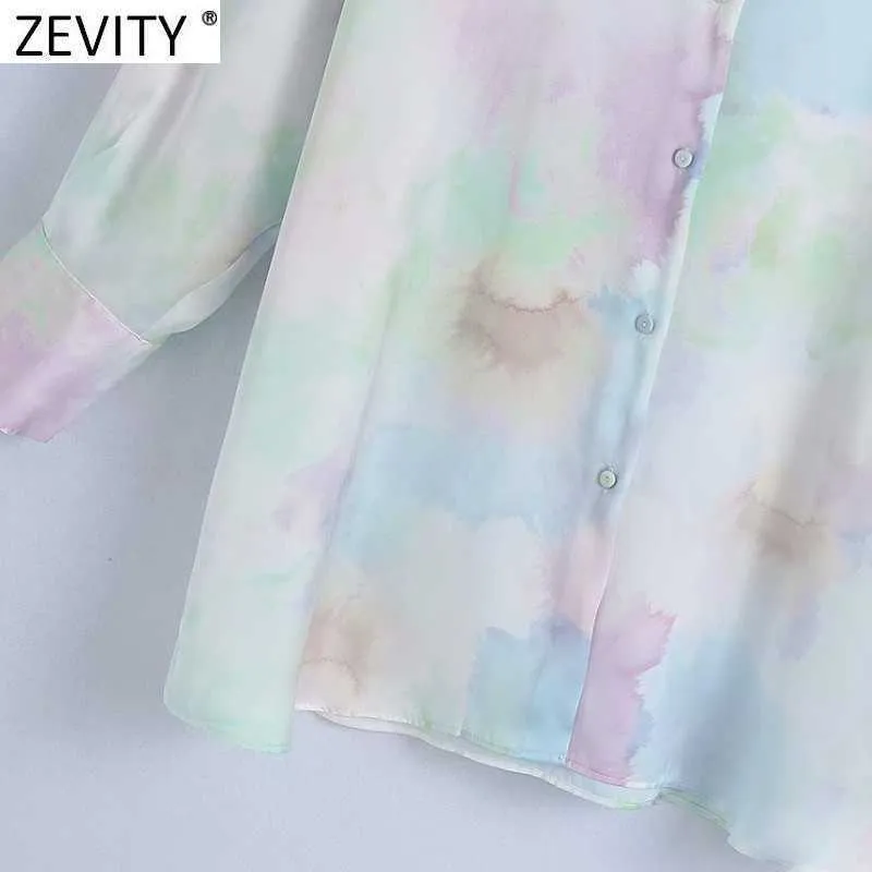 Zevity Women Vintage Tie Dye Skriv ut Casual Loose Blouse Office Långärmad Breasted Shirt Chic Oversize Blusas Tops LS9282 210603