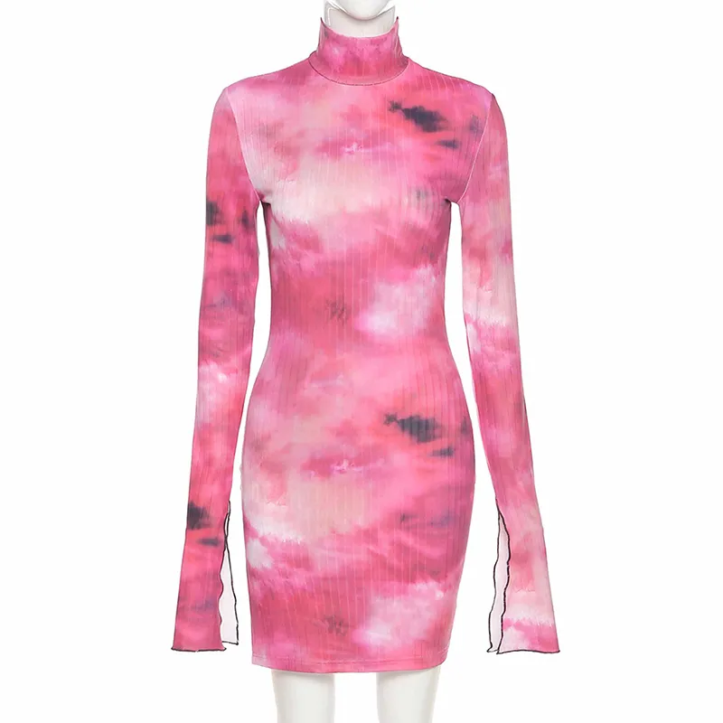 Femmes Tie-Dye Impression Flare Manches Demi-Col Haut Robes Sexy Casual Élastique Serré Split Rue Coloré Moulante 210517