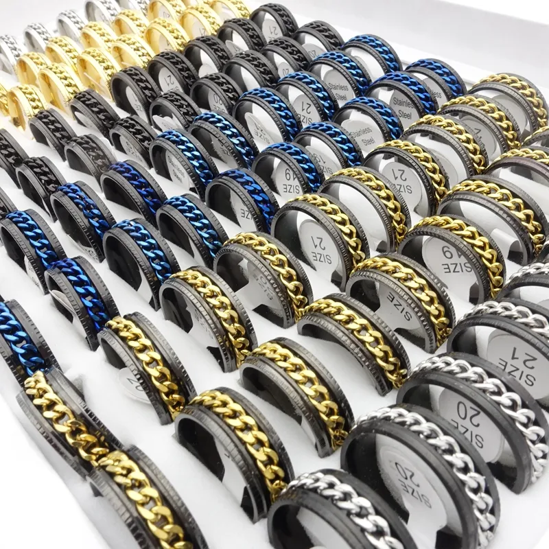 Whole Stainless Steel Spin Band Rings Rotatable 316L Titanium Chains Spinner Opener Fashion Jewelry Party Favor Gift2747