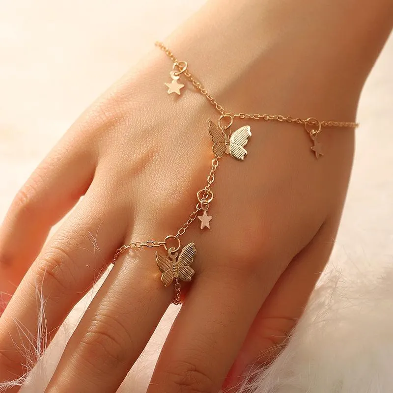 Charme Armbänder Design Gold Farbe Stern Schmetterling Armband Für Frauen Mode Verbunden Finger Auf Hand Weibliche Ring Boho Schmuck Geschenk324u