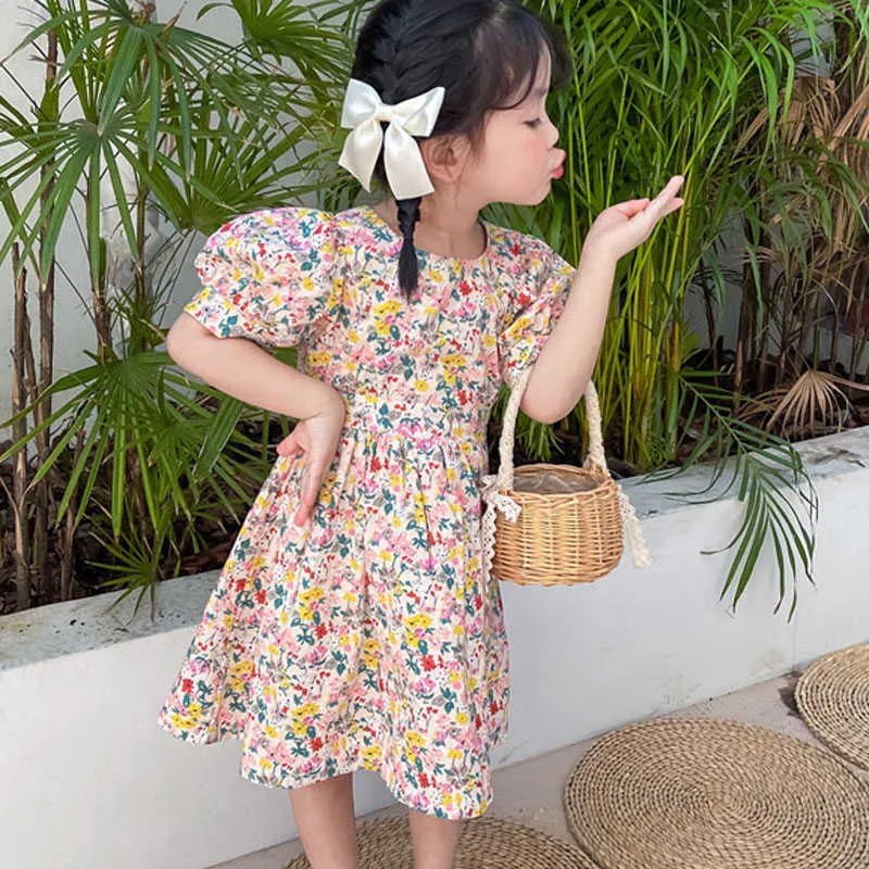 夏の女の子のミニドレス韓国風の花柄スリムウエストレスプリンセス赤ちゃん子供服子供服210625