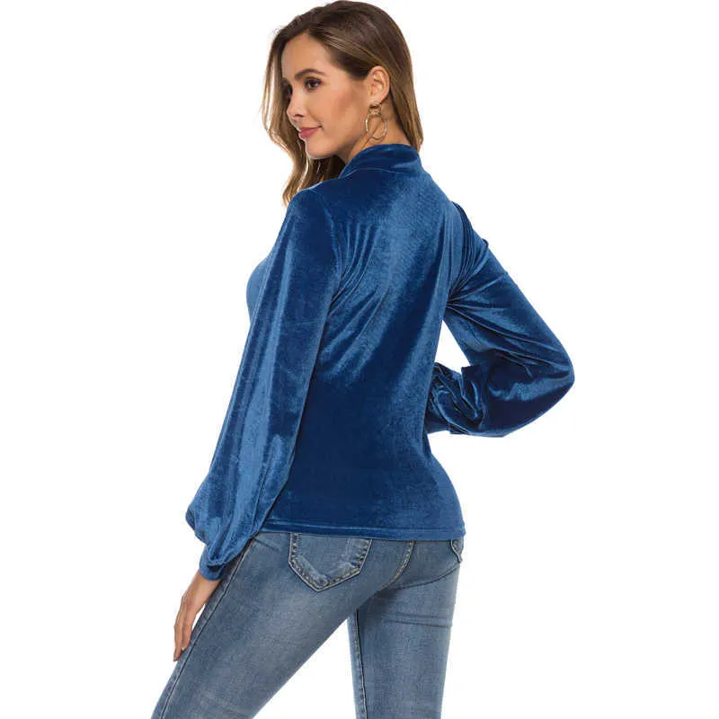 Hiver Velours Col Roulé Chaud Tops T-shirts Lanterne Manches Bleu S M L XL Filles Printemps Casual T-shirts Vêtements pour Femmes 210527
