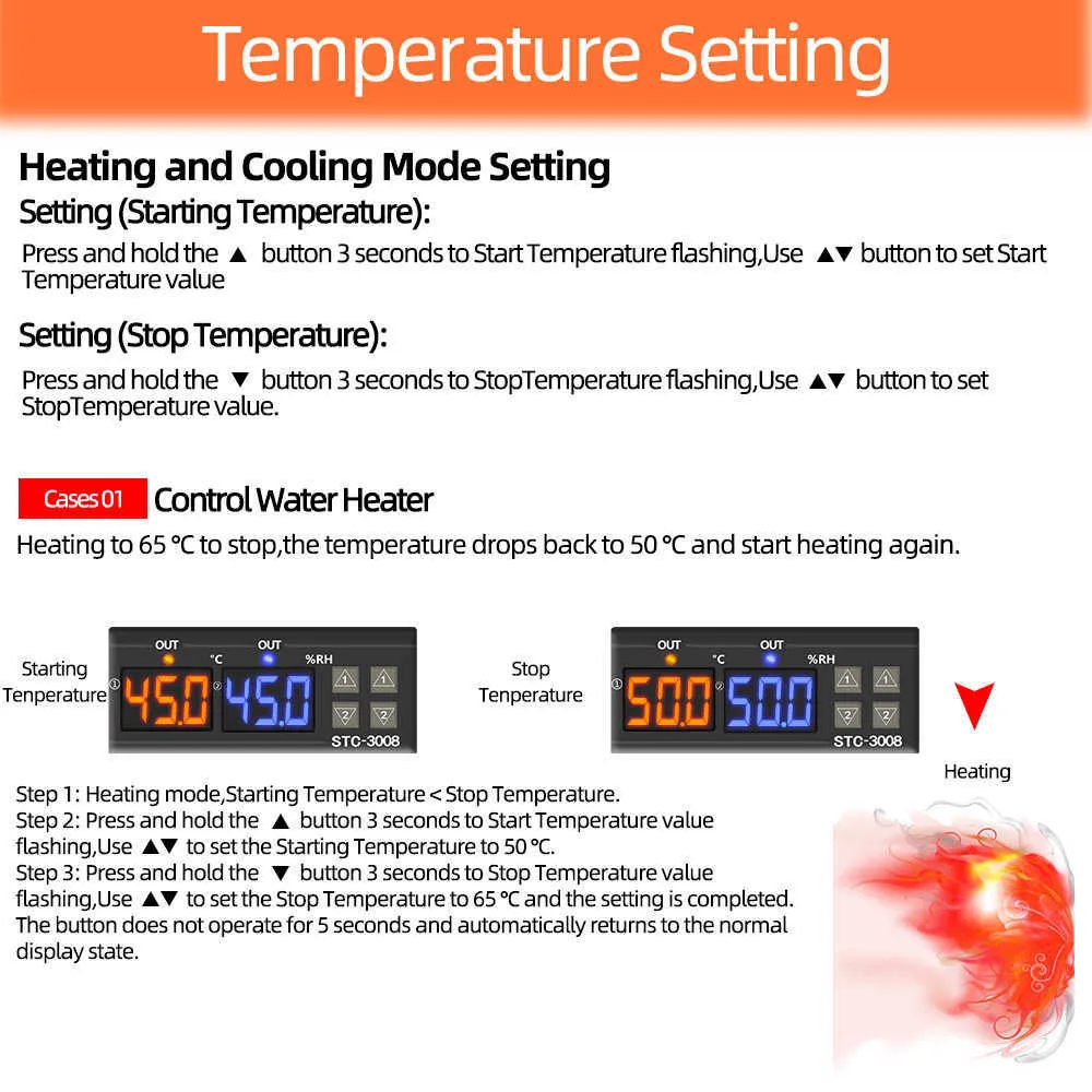 Regolatore di temperatura digitale STC-3008 CA 110 V 220 V CC 12 V 24 V Doppio igrometro Riscaldamento Raffreddamento Due uscite relè Relè CA 40% di sconto 210719