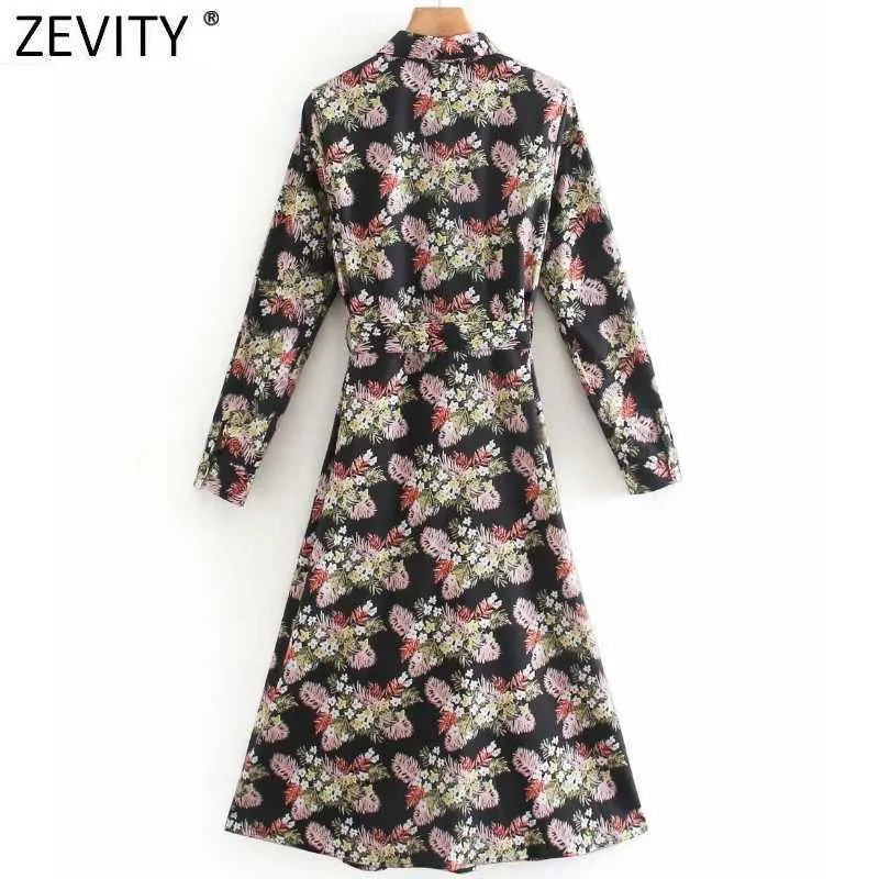 Zevity Femmes Vintage Feuilles Imprimer Bow Ceintures Midi Chemise Robe Femme Chic Turn Down Col Casual Slim Robe DS4946 210603