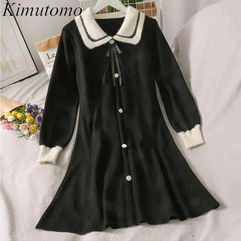 Kimutomo Bow Lace Up Dzianiny Sukienka Kobiety Collar Collar Single Breated Colorblock Knitwear Vestido Feminino Korea Chic 210521