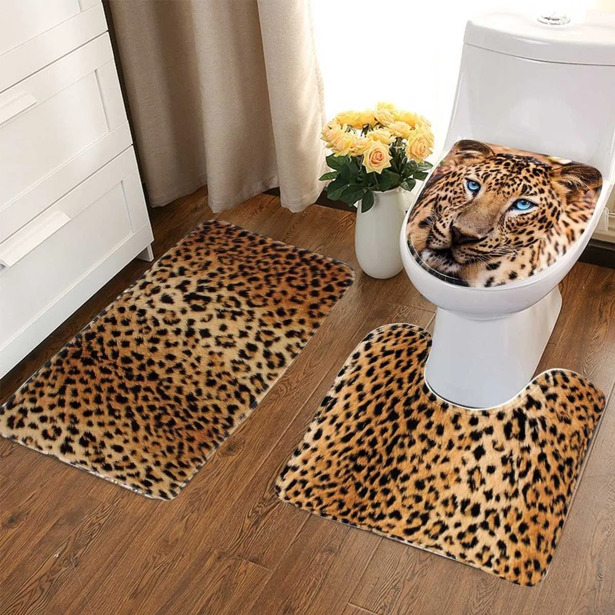 3 stycke set leopard tryckt, glidande badrum toalettpedal matta golv matta toalett lock täcke vattentät golvmatta badrum inredning 210724