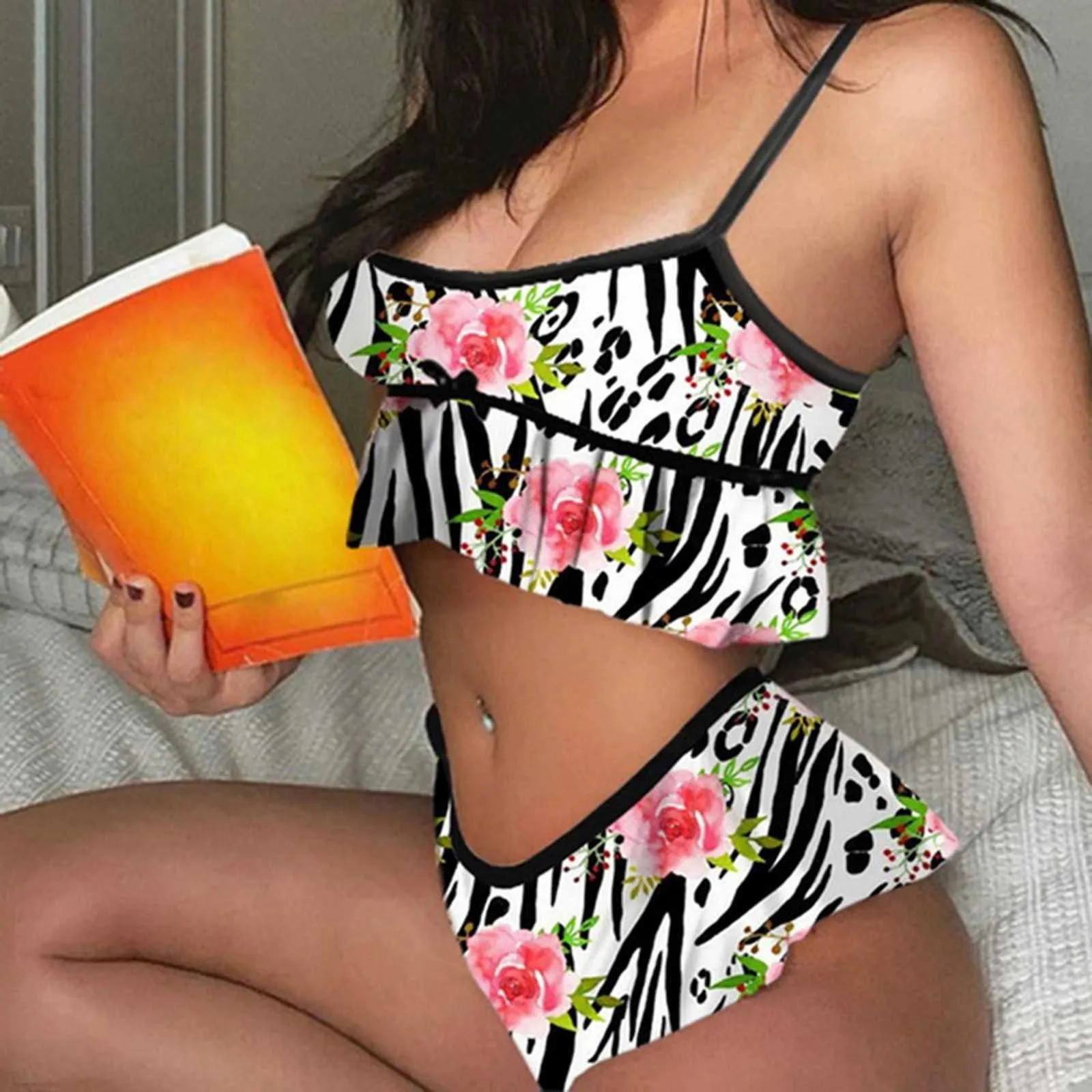 Sexy Lingerie Porno Sleepwear Women Underwear Bow Night Suit Print Nightgowns Fashion Satin Nightdress Suit Female Sleep Wear Q0706