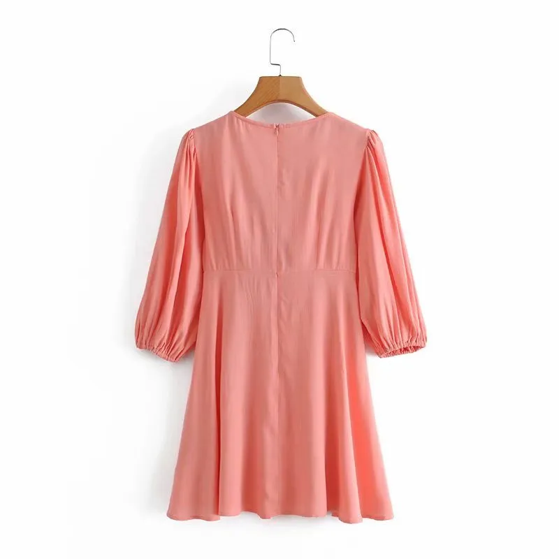 Décontracté femme rose col en V nœud coton Mini robe printemps mode dames manches bouffantes es femme douce a-ligne 210515