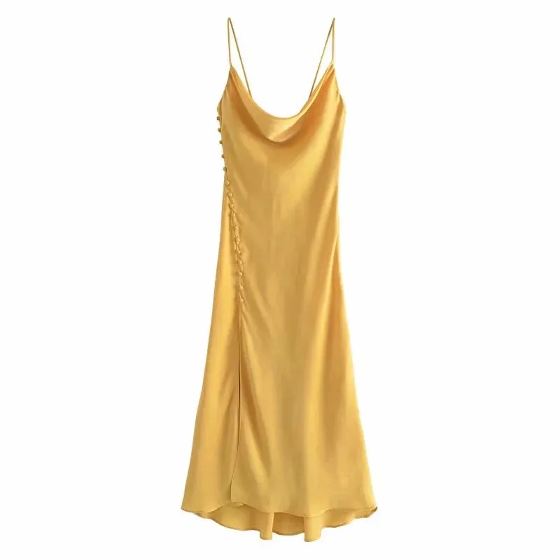 Robe Femme Camisole Jaune Satin Long Femmes Sans retour Sommaire Élégant Summer ES Mesdames Sexy Party ES 210519