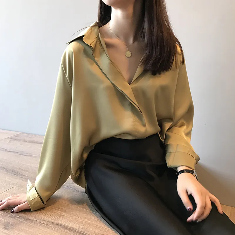 Spring Women Fashion Long Sleeves Satin Blouse Vintage Femme V Neck Street Shirts Elegant Imitation Silk 5273 50 210506