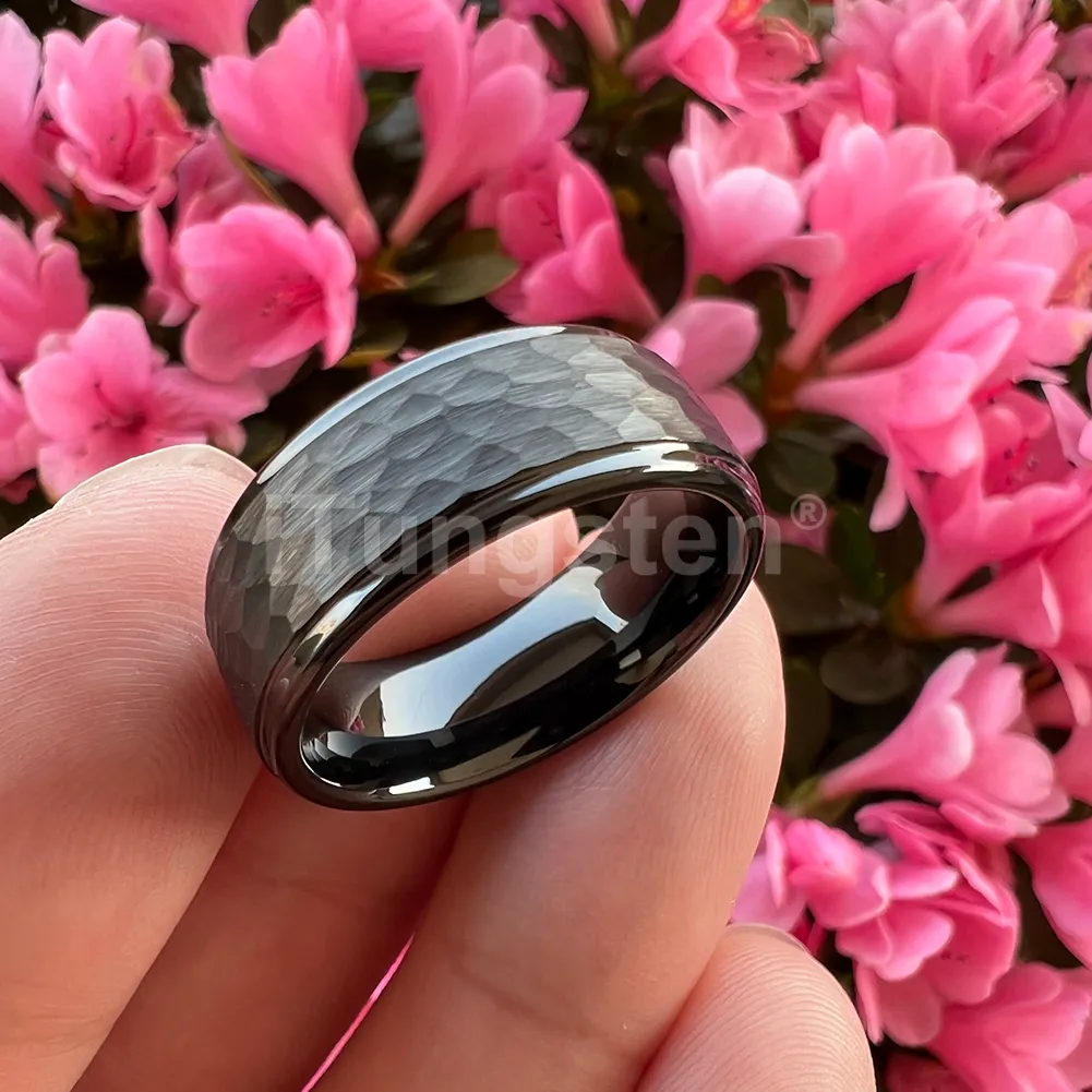 Itungstênio 6mm 8mm masculino feminino preto martelado anel de tungstênio casamento noivado banda moda jóias bordas escalonadas conforto fit71267296528485