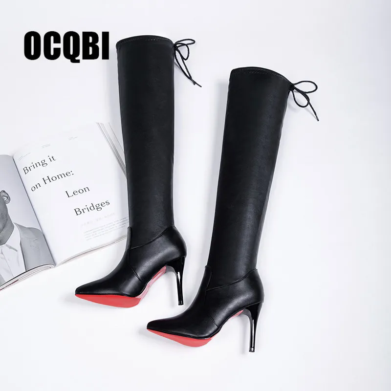Женская обувь Сапоги на высоком каблуке Сапоги выше колена с красной подошвой Кожаные модные красивые женские длинные ботинки Размер 35-39 220310