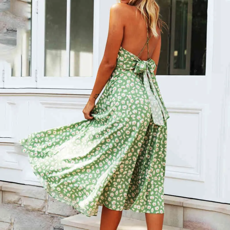 Summer Elegant Sexy beach long Dress Women Fashion Halter Back Lace Up Boho sexy sling print Ladies dress women vestidos 210514