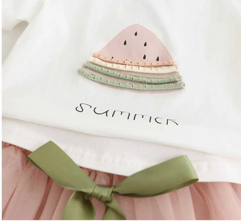 Groothandel Zomer Meisjes Kleding Sets Watermeloen Gedrukt T-shirt + Gaas Rok Twee Stuk Fashion Outfits Kinderen E869 210610