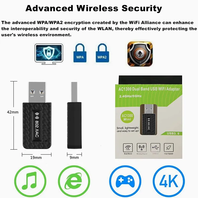 5 جيجا هرتز واي فاي محول USB واي فاي AC 1300Mbps محول Wi-Fi USB 3.0 Ethernet Wi Fi Fi Fi Fi Dual Band 2.4G5G WIFI وحدة Laptop PC