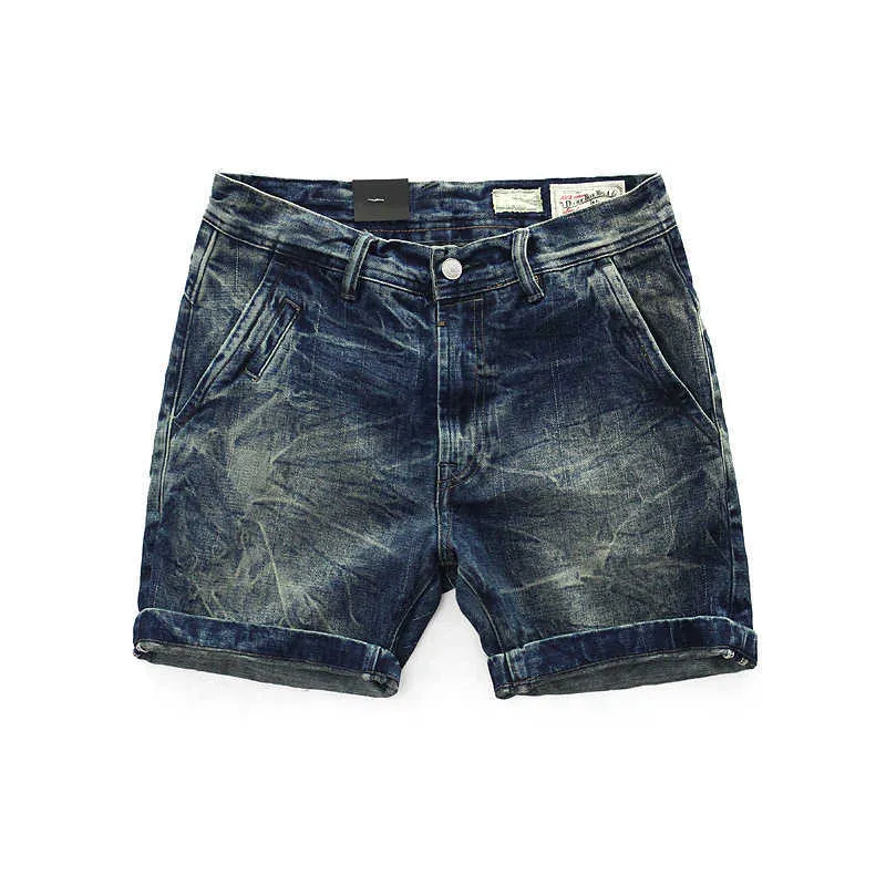 Hombres verano moda Japón estilo vintage algodón denim pantalones cortos masculino casual cintura media color sólido lavado streetwear jean 210716