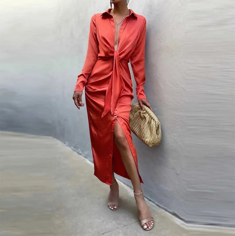 赤い折りたたみセクシーなVネックネクタイフロント長袖ロングスカートドレス暖かい服2021秋のファッションラペルシャツドレスY1006