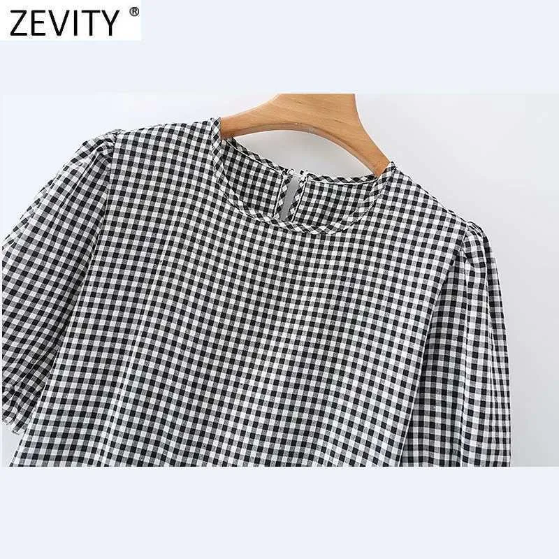 Zevity Donna Vintage O Collo Manica a sbuffo Plaid Stampa Pieghe Abito longuette Donna Chic Casual Ruffles A Line Abiti DS8312 210603