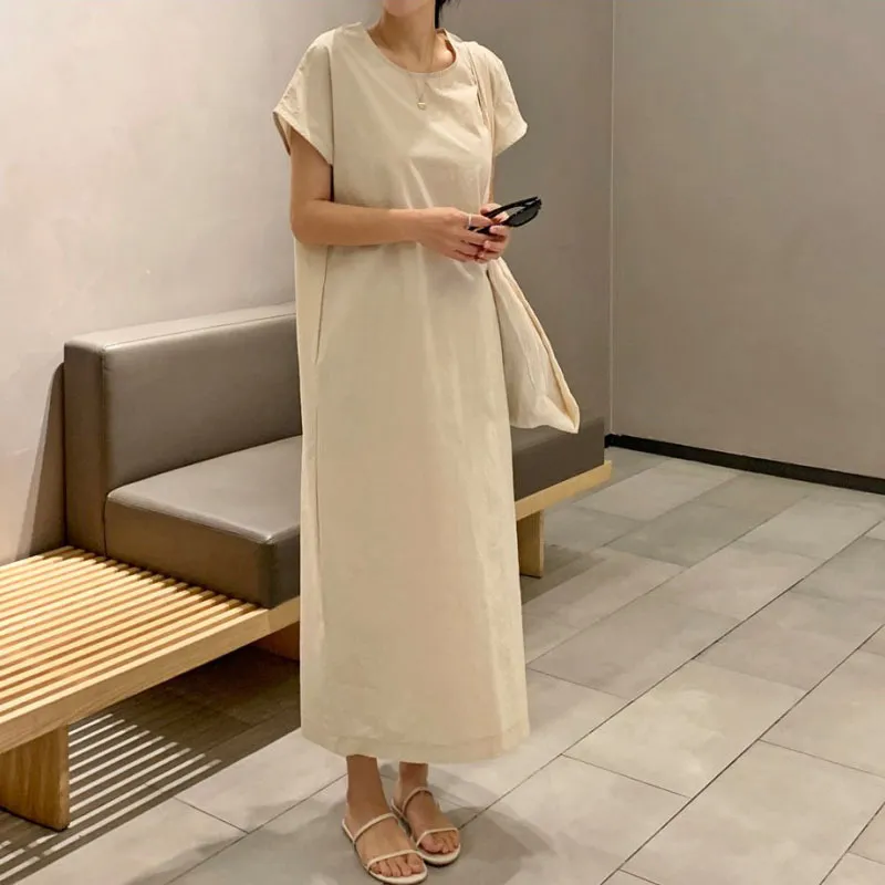 Abito estivo a maniche corte girocollo da donna versione coreana allentato casual diviso dritto femminile elegante 2D1680 210526