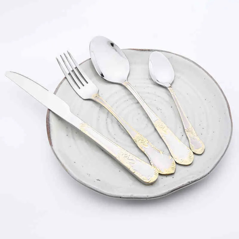 Set di posate in oro vintage 18/10 Coltelli da tavola in acciaio inossidabile Forchette Cucchiaino da tè Posate da cucina Posate da cucina 211228