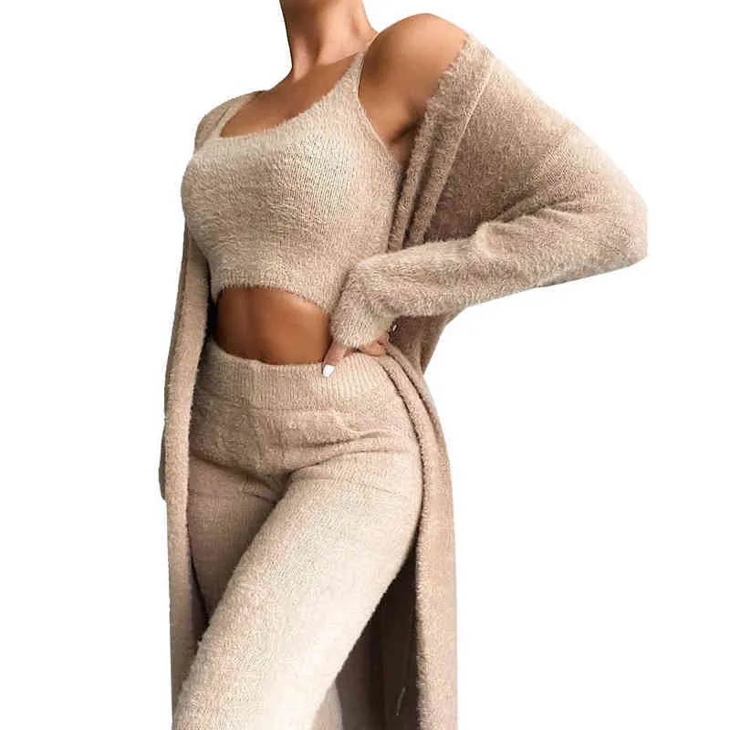 Mulheres Teddy Plush Lounge Desgaste Conjunto Sólido Cor Lazer Terno Moda Tracksuits Fleece Cardigan 211211