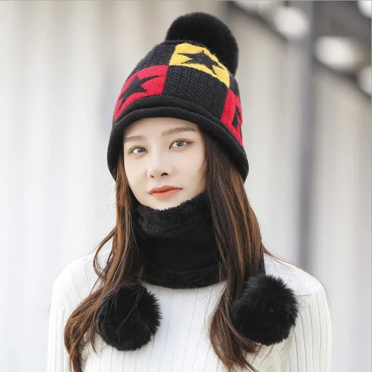 Satışa Sonbahar Kış Yeni Yün Kadınlar Artı Kaşmir Örme Şapka Atkılar Setleri Moda Beş Sırsır Yıldız Sıcak Şapka ve Eşarp Set Kap
