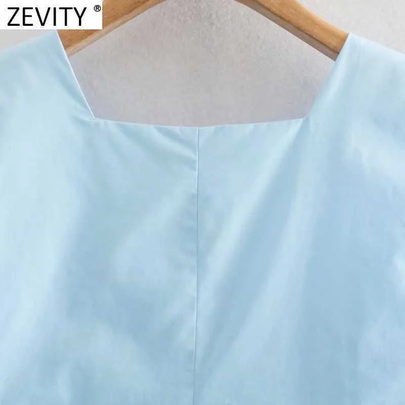 Zevity Women Square Collar Solid Color Hem Pleat Ruffles Krótki Bluzka Smock Kobieta Koszula Bez Rękawów Chic Blusas Topy LS9027 210603