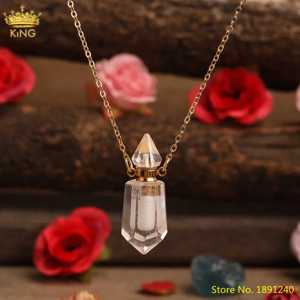 Delicate Crystal Essential Oil Diffufer Jewelry White Pink Amethysts Quartz Hexagonal Perfume Bottle Pendant Necklace Women