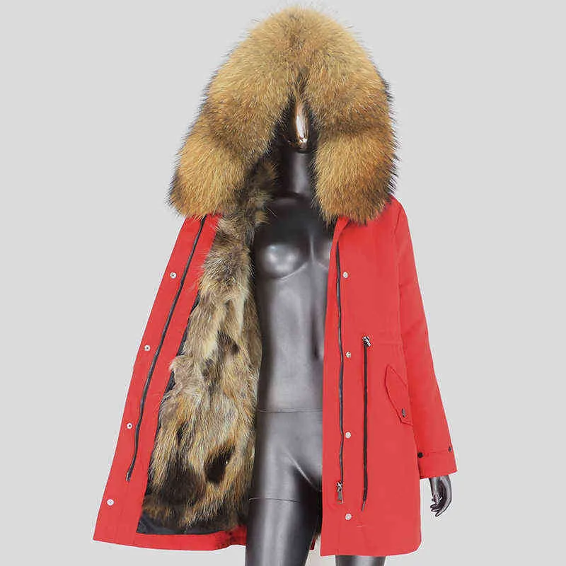 CXFS réel manteau de fourrure veste d'hiver femmes longue Parka imperméable naturel fourrure de raton laveur col capuche épaisse doublure de fourrure chaude 211129